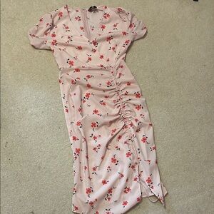 J.O.A. Pink Floral Ruched Midi Dress